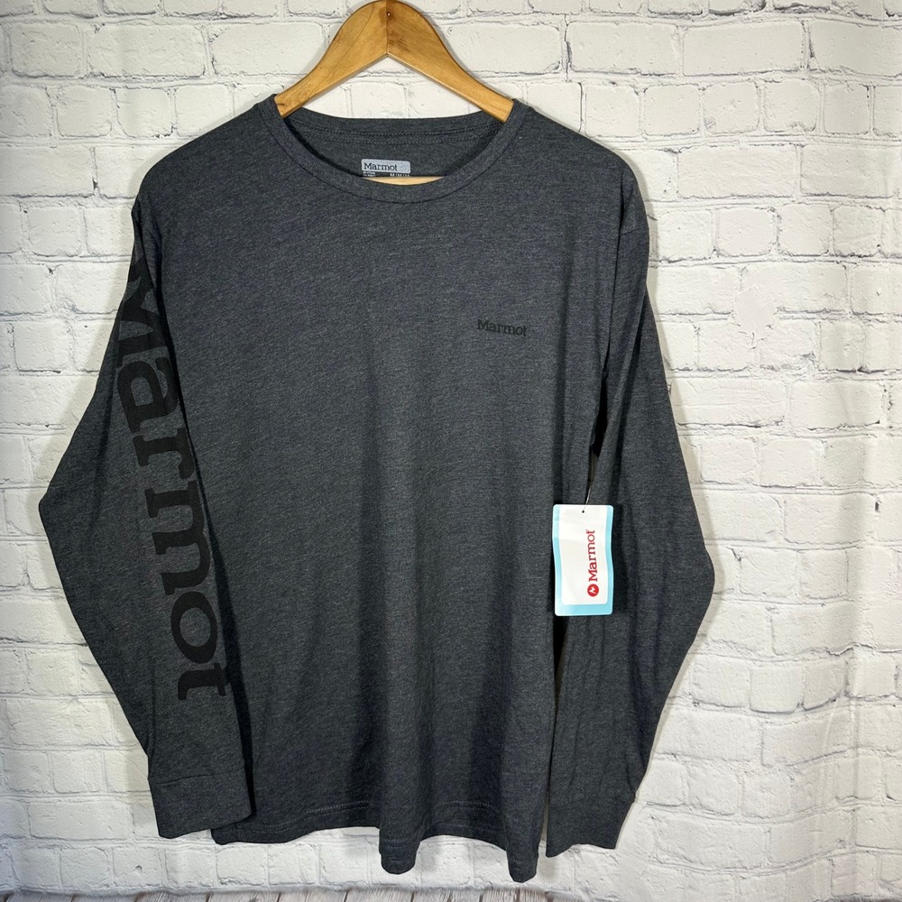 New Marmot Shirt Mens‎ Medium Logo Tee LS-CHRH Charcoal Heather Long Sleeve